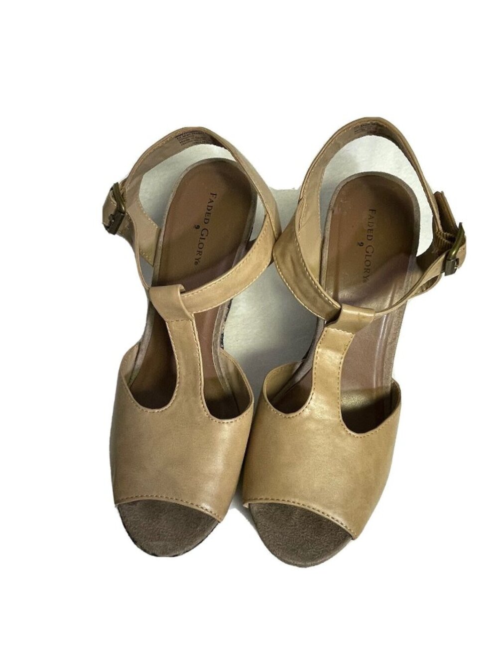 Faded Glory Womens 9 Tan Peep-Toe Wedge Sandals Heel Adjustable Ankle Strap